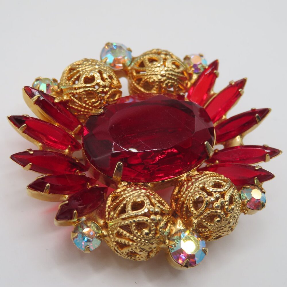 Juliana Red Rhinestone Gold Tone Filigree Brooch - Picture 4 of 8